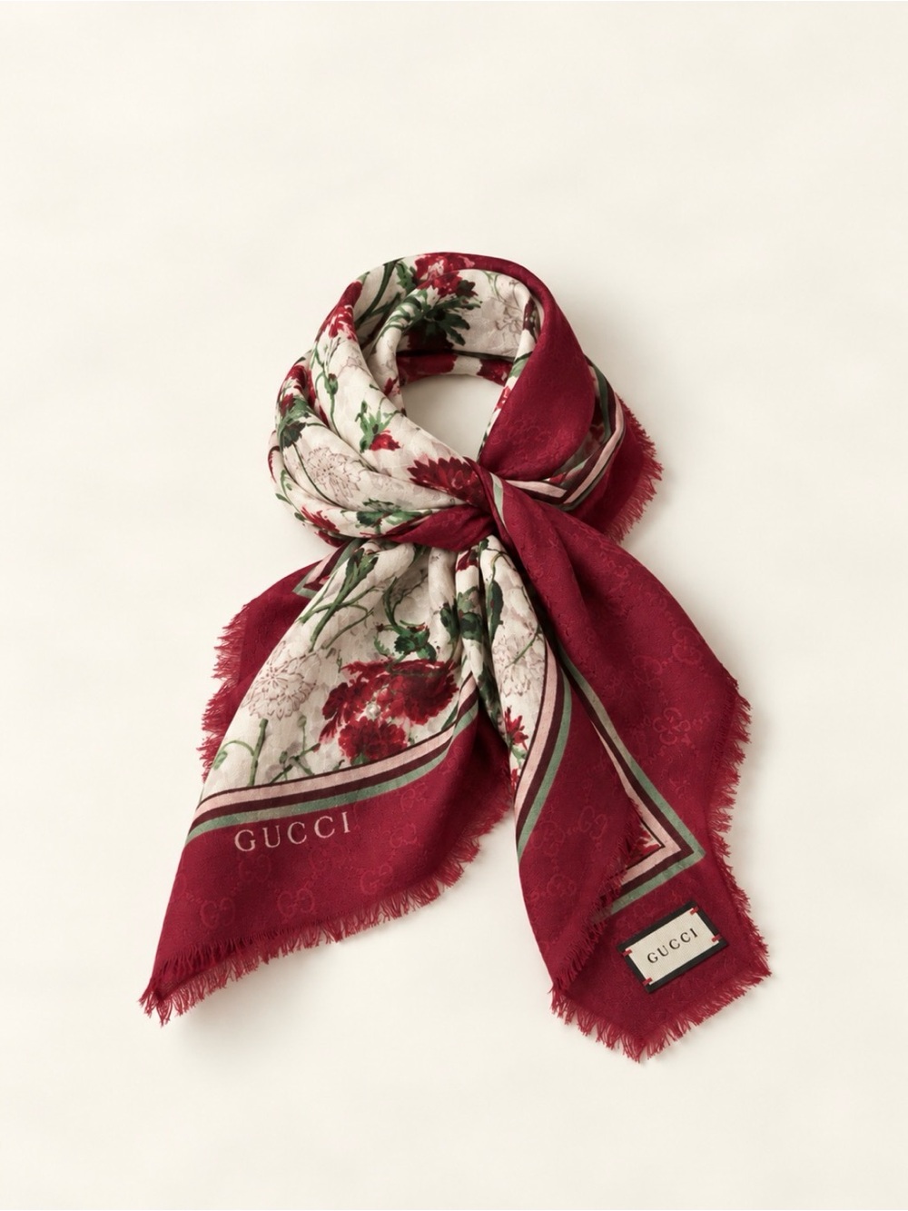 GUCCI Floral Deep Love Scarf - Wine, Green & Off White